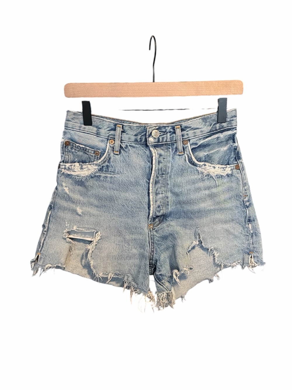 Agolde button fly distressed denim shorts size 26 summer festival boho jorts